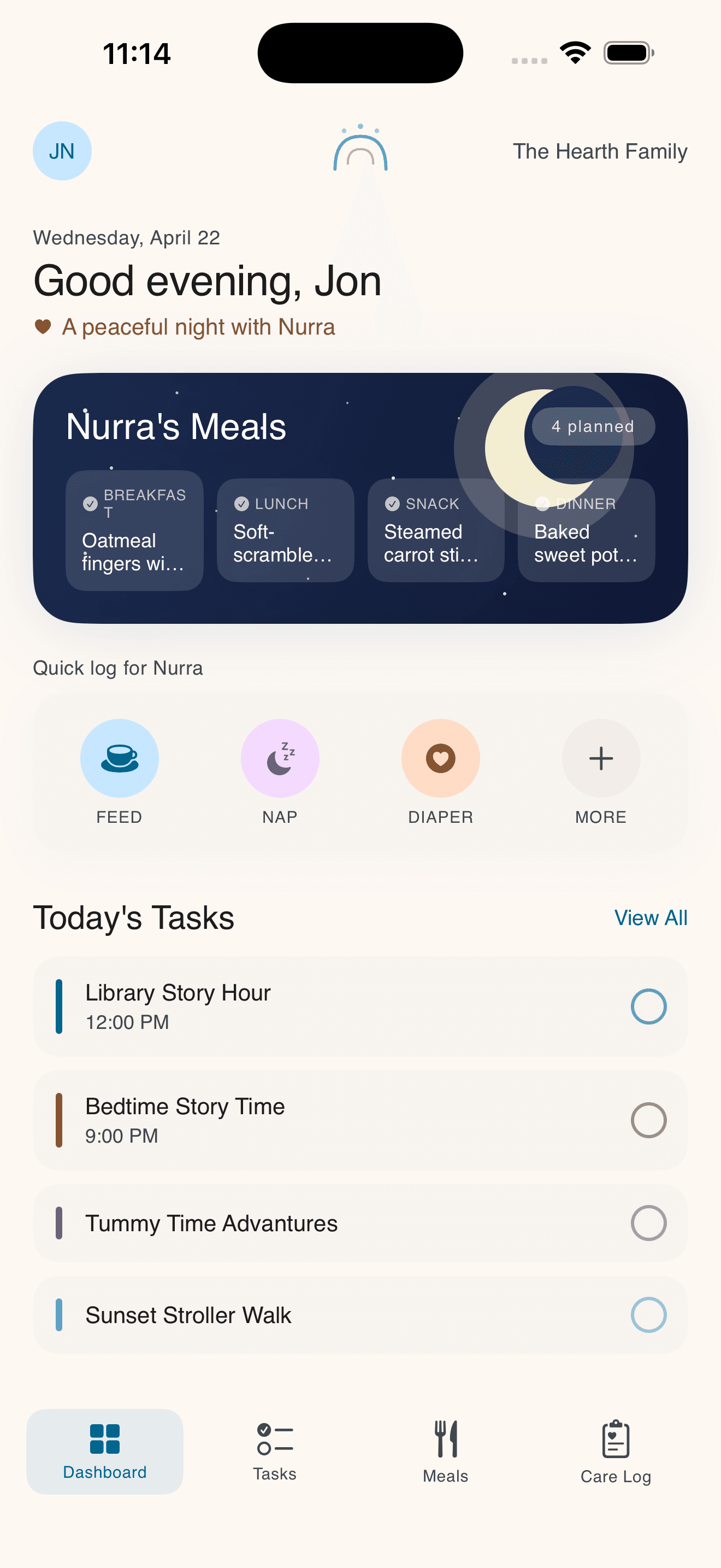 Nurra app dashboard showing meals, quick log, and tasks