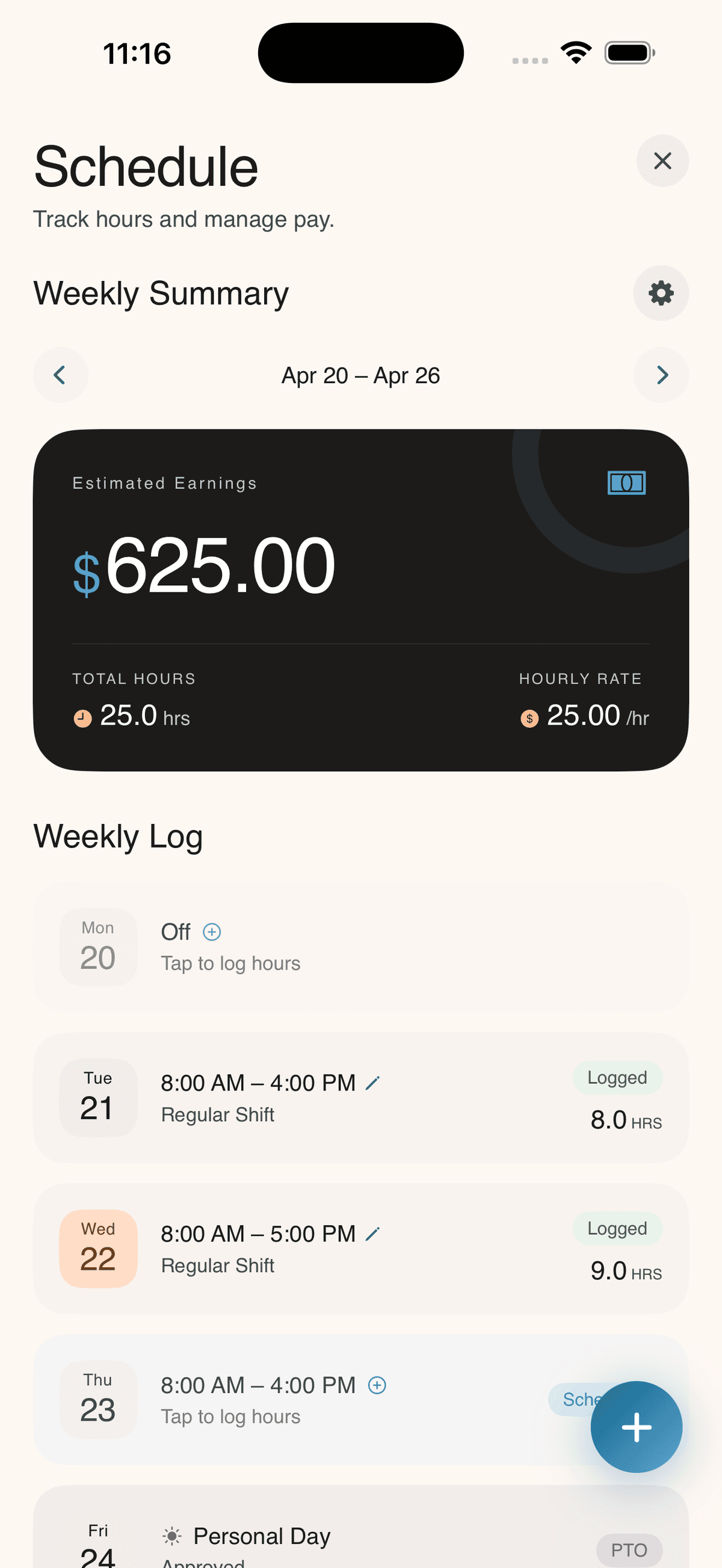 Nurra schedule screen with weekly earnings and shift log